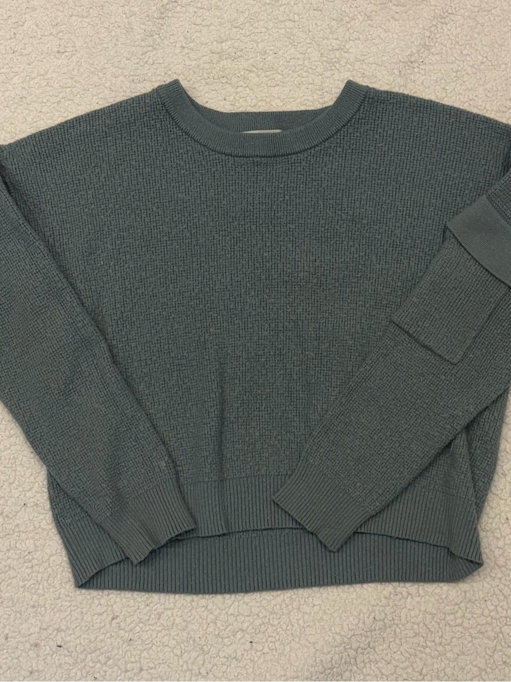 Pink Republic Sage Green Waffle-Knit Pocket Sleeve Pullover Sweater